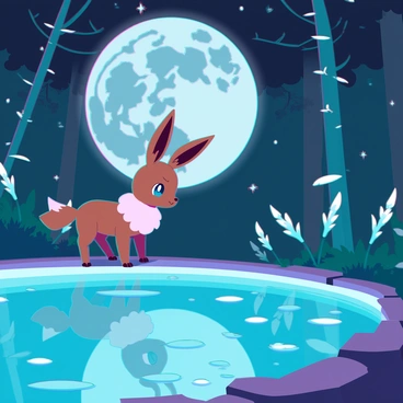 A small Eevee with fluffy brown fur and large, expressive eyes stands at the edge of a shimmering, moonlit forest pool. The moonlight casts a silvery glow on the water, creating a reflective surface that mirrors the surrounding tall trees and sparkling stars. The forest is dense, with vibrant green foliage and soft, glowing bioluminescent plants scattered throughout. The Eevee leans slightly forward, its ears perked up in curiosity, as it gazes into the crystal-clear water, captivated by the reflections and the gentle ripples created by a light breeze.