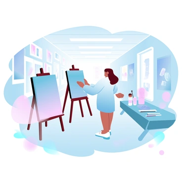 An art teacher is arranging artwork for a student art gallery exhibition in a brightly lit school hallway. The teacher is wearing a colorful smock and is carefully positioning framed paintings on easels along the walls. Various pieces of student artwork, including paintings, drawings, and sculptures, are displayed prominently. The hallway is adorned with cheerful posters and banners celebrating creativity. Soft pastel colors fill the space, creating an inviting atmosphere. Tables with art supplies and name tags for the students are positioned nearby.