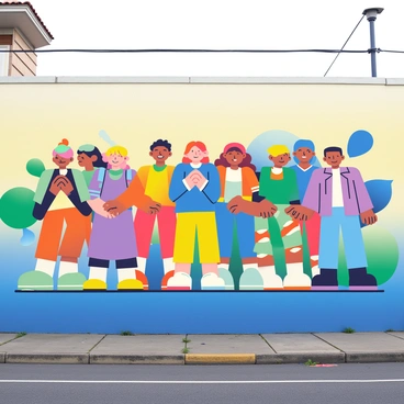 A vibrant mural is painted on a large city wall. It features a powerful image of diverse people standing together, showcasing individuals of various ethnicities and ages. Each figure is depicted in bright colors, symbolizing unity and strength. They are holding hands and smiling, creating a sense of togetherness. Surrounding them are abstract shapes and patterns in shades of blue, green, and orange, enhancing the theme of community and collaboration. The background is a soft gradient transitioning from light yellow at the top to deep blue at the bottom, giving the mural a striking visual impact.