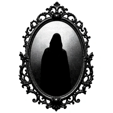 An elaborately framed gothic mirror is positioned prominently, featuring intricate carvings and embellishments on its frame. The surface of the mirror reflects a haunting image that appears to be a shadowy figure, shrouded in mist. The reflection shows delicate details of the figure's garment, blending with swirling textures that evoke an enchanting yet eerie atmosphere. The overall setting has a sense of depth, enhancing the mysterious quality of the mirror and its reflection.