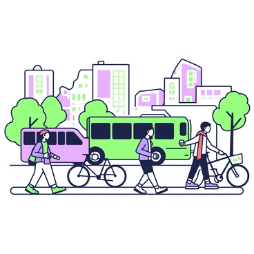 A dynamic urban scene depicting a bustling city street. In the foreground, several people are walking, showcasing diverse appearances and clothing styles. One person is wearing a blue jacket and carrying a bag, while another is wearing a red scarf and holding a coffee cup. Various vehicles are passing by, including a bus and a bicycle. The bus has large windows and is colored, while the cyclist is wearing a helmet. The buildings in the background rise with angular shapes, and there are trees lining the street, creating a lively atmosphere.