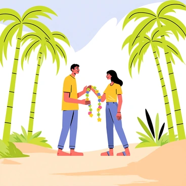 A couple standing in the center of a vibrant desert oasis, surrounded by tall green palm trees swaying gently in the breeze. The couple is exchanging colorful garlands made of bright flowers, their expressions filled with joy and love. The sun casts warm light on the scene, illuminating the soft sandy ground and the lush greenery around them. In the background, clear blue skies stretch above, enhancing the cheerful atmosphere of the oasis.