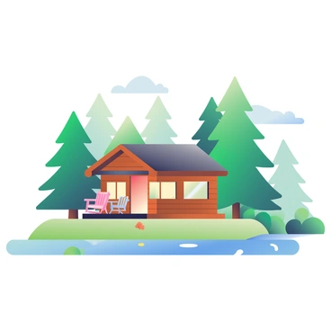 A cozy wooden cabin with a brown exterior is situated in the center of the image, surrounded by towering green pine trees. The cabin features a sloped roof and a small porch with two rocking chairs. Soft light is glowing from the windows, suggesting warmth and comfort inside. The ground is covered in a mix of green grass and fallen pine needles. In the background, more pine trees rise against a clear blue sky. A gentle stream flows nearby, reflecting the trees and the cabin, adding a sense of tranquility to the scene.