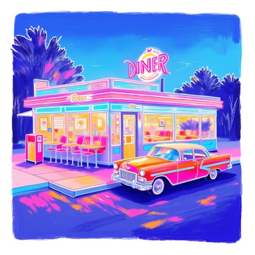 A retro 1950s diner is depicted in the center of the image. The diner features a shiny aluminum exterior with large windows showcasing colorful seating inside. Neon lights outline the building, casting a vibrant glow in shades of pink, blue, and green. A classic jukebox stands near the entrance, adorned with chrome details. Vintage cars are parked in front, reflecting the era's style. The sky is a twilight blue, accentuating the diner’s bright lights. A small sign above the diner displays the word "DINER" in bold, cursive lettering.