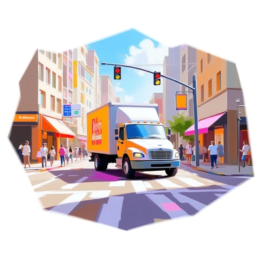 A delivery truck driving through a bustling city street, surrounded by tall buildings and vibrant storefronts. The truck is painted in bright colors, showcasing the company logo prominently on the side. The scene includes pedestrians walking along the sidewalk, some glancing at the truck as it makes its way through traffic. The sky is clear with a few scattered clouds, and traffic lights hang above the intersection. The truck is approaching a delivery destination, with a sign indicating "Delivered At Place" visible in the background.