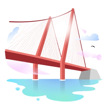 The view from directly under the "Golden Gate Bridge" showcases its towering structure, with massive red-orange steel towers rising high overhead. The intricate network of cables stretches diagonally, creating a sense of grandeur. Sunlight filters through the gaps, casting dynamic shadows on the concrete pillars below. Surrounding the bridge, the water glistens in shades of blue and green, reflecting the colors of the sky above. A few birds can be seen soaring nearby, adding to the sense of scale and openness in the scene.