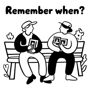 Two veteran friends sitting on a wooden bench, surrounded by trees. They are holding a stack of old photographs, some scattered on their laps. One friend points at a particular photo, while the other leans in closer, both expressing a sense of camaraderie. Their clothing shows signs of wear, reflecting their experiences. The background features a few distant silhouettes of military memorabilia, enhancing the nostalgic atmosphere. The words "Remember when?" are prominently displayed above the scene.