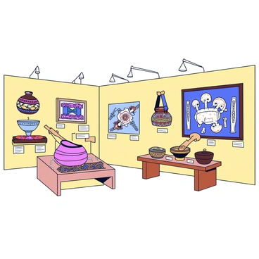 A museum exhibit featuring a variety of Hispanic artifacts. The display includes traditional pottery, intricate textiles, and colorful paintings representing Hispanic culture. There are historical pieces such as vintage instruments and handwoven baskets, each labeled with descriptions. The artifacts are arranged on simple wooden displays against a neutral wall. Soft lighting highlights each item, creating a focused atmosphere for exploration.