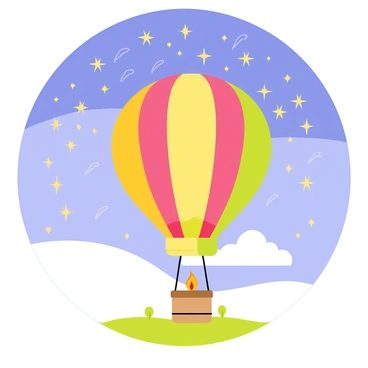 A colorful hot air balloon with a striped canopy is floating serenely. Below, the landscape is dotted with rolling hills and a few trees. Above the balloon, a sky filled with numerous shooting stars streaking across in a dazzling display. Some stars leave bright trails, while others sparkle momentarily before fading away. The air balloon's basket hangs below, with a small flame flickering inside the burner, casting a warm glow.