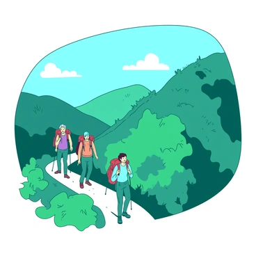 A teal group of hikers is trekking up a winding mountain path surrounded by lush greenery. Each hiker is carrying a backpack, and they wear various colored hiking gear. The mountain slopes are steep and covered with dense vegetation. The sky above is a bright blue, contrasting with the vibrant colors of the hikers and the greenery. The hikers are engaged in conversation, sharing smiles as they ascend the trail together.