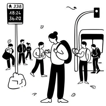 A patron standing at a bustling city bus stop, holding a backpack and glancing down at their watch. Surrounding the patron are various city elements, including a tall bus stop sign, a digital timetable displaying bus arrival times, and a few scattered fallen leaves on the pavement. In the background, blurred silhouettes of other patrons are seen engaged in various activities, while a city bus approaches in the distance. The scene captures the lively atmosphere of urban transit during a busy day.