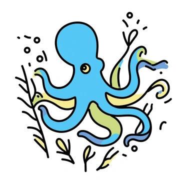 An octopus, featuring a smooth skin texture with varying shades of blue and green, is camouflaged among the kelp. Its eight tentacles are intricately woven through the long, flowing leaves of the kelp, seamlessly blending in with their vibrant colors. The kelp is gently swaying as if moved by an ocean current, creating a dynamic environment around the octopus. Small fish can be seen swimming nearby, oblivious to the presence of the hidden octopus among the foliage.