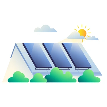An array of rectangular solar panels is positioned on a bright, sloped rooftop. The panels are a deep blue color with reflective surfaces, capturing sunlight efficiently. The rooftop is made of light gray shingles, and below it are green trees, providing a vibrant contrast. The sky is clear with a few fluffy white clouds, ensuring plenty of sunlight shines on the panels. There are small metal brackets securing the solar panels in place. The scene conveys a sense of sustainable energy production.