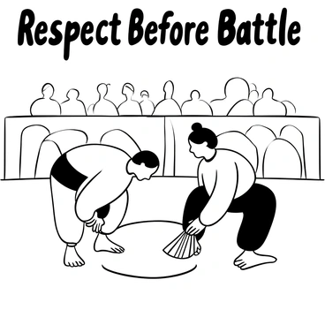Two sumo wrestlers positioned in a traditional ring, each bending forward in a deep bow to show respect before the match. The wrestlers are wearing their distinctive mawashi, with one wrestler holding a ceremonial fan in one hand. The stance is powerful and grounded, with the soles of their feet visible on the floor. Around them, the audience is depicted in a blurred detail, emphasizing the focus on the wrestlers. The words "Respect Before Battle" are prominently displayed above them.