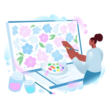A designer is actively working on a large canvas, applying vibrant paints to create a floral fabric pattern. The canvas is filled with an array of flowers in various shapes and sizes, each bloom featuring intricate details. The designer is holding a paintbrush, with another brush resting beside a palette filled with a spectrum of colors. Bright splashes of paint and brush strokes are visible across the canvas, reflecting the creative process. Surrounding the canvas are jars of paint and scattered brushes, enhancing the artistic atmosphere.