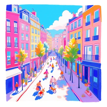 A cityscape is filled with tall buildings featuring colorful facades and various window designs. Tiny characters are walking along the sidewalks, some are carrying bags, while others are chatting. There are street lamps lighting the paths and small trees planted in front of the buildings. A few characters are riding bicycles, and a small dog is seen running next to its owner. In the background, a bright blue sky adds to the lively atmosphere of the scene.