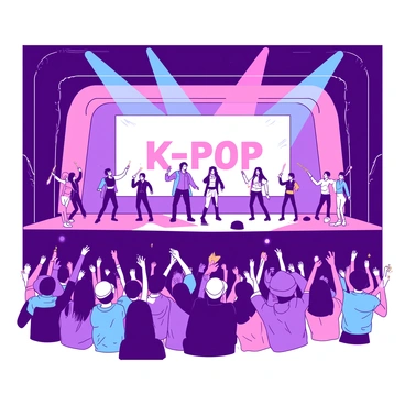 A vibrant K-Pop concert is taking place on a large stage filled with dynamic, colorful stage lights. The stage features multiple performers dressed in stylish, eye-catching outfits, singing and dancing energetically. The crowd in front of the stage is filled with enthusiastic fans, waving light sticks and cheering loudly. Some fans are wearing unique merchandise, such as hats and shirts showcasing their favorite artists. The atmosphere is lively with a sense of excitement and energy palpable in the air.