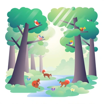 A tranquil forest scene is depicted, showcasing tall trees with rich green foliage. Sunlight filters through the leaves, casting dappled patterns on the forest floor. Various birds with vibrant feathers are perched on the branches, singing, while a few squirrels with bushy tails are playfully chasing each other among the tree trunks. The ground is covered with a carpet of soft green moss, and small wildflowers in shades of purple and yellow peek through the undergrowth, adding to the peaceful atmosphere. In the distance, a small stream can be seen gently flowing, reflecting the colors of the surrounding nature.