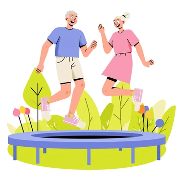 An elderly couple is jumping gently on a trampoline, both smiling broadly as they share the joy of the moment. The man has gray hair and is wearing a light blue t-shirt and beige shorts. The woman has white hair tied back in a ponytail, dressed in a pastel pink dress. They are surrounded by a sunny backyard filled with colorful flowers and green grass. In the background, a few trees provide shade, adding to the lively atmosphere. The couple's joyful expressions convey a sense of happiness and companionship as they bounce together.