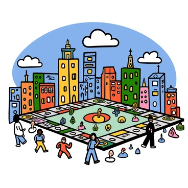 A vibrant cityscape filled with tall buildings and bustling streets is transformed into a giant Monopoly game board. The properties are oversized, with colorful designs featuring iconic buildings and landmarks. Large tokens like the car, thimble, and top hat are scattered across the board, each one much larger than life. The streets are marked with familiar game spaces like "Go," "Chance," and "Community Chest," all clearly visible. People of various ages and backgrounds are interacting with the game, some moving the large tokens while others are admiring the oversized properties. The sky is bright blue with a few fluffy white clouds.