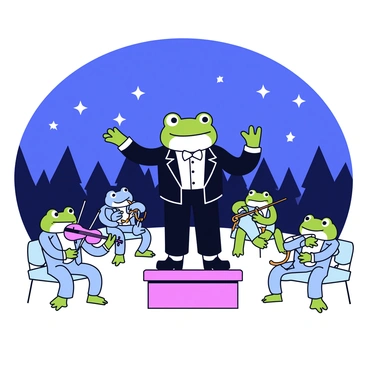 A frog conductor stands confidently on a small wooden podium, waving a baton to lead the symphony. The conductor is dressed in a tiny black tuxedo with a white bow tie. Surrounding the conductor are frogs playing various musical instruments, including a violin, a trumpet, and a drum. Each frog is positioned in a semi-circle, focused on their music. The night sky above is filled with twinkling stars, creating a magical atmosphere. In the background, the silhouette of trees can be seen, adding depth to the scene.