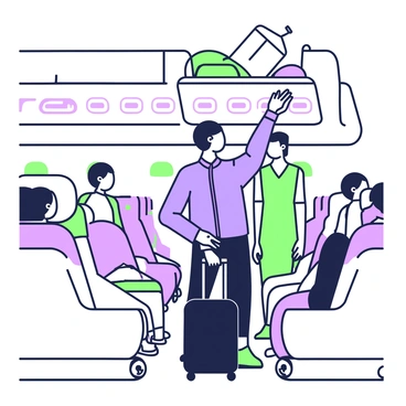A traveler is standing in the aisle of an airplane, lifting a suitcase into an overhead compartment. The traveler has short, dark hair and is wearing a blue jacket with a zipper and black pants. The suitcase is black with wheels and a handle extended. The overhead compartment is partially opened, showing a few other bags inside. The airplane seats have colorful patterns, and the cabin is well-lit with fluorescent lights. Other passengers can be seen sitting in their seats, some looking towards the traveler, while the flight attendant stands nearby, observing the situation.