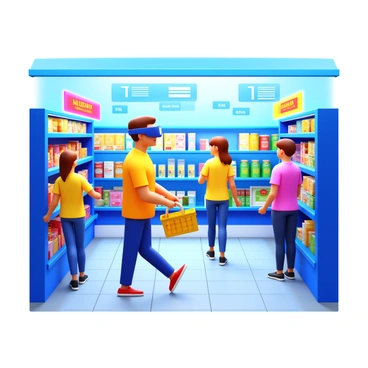 A shopper wearing sleek augmented reality glasses inside a brightly lit grocery store. The glasses project information above various products, showing details like price, nutritional facts, and customer reviews. The shopper is holding a shopping basket, looking curiously at a shelf filled with colorful packaging. Around them, other shoppers can be seen browsing the aisles, creating a lively atmosphere. Brightly colored signs indicate different sections of the store, and the floor is neatly tiled, enhancing the modern shopping experience.