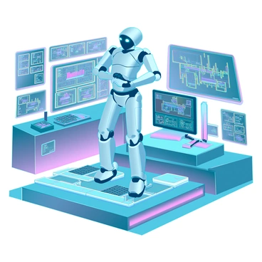 A futuristic 3D tech lab filled with sleek, high-tech computers featuring illuminated screens displaying complex data and interfaces. There are various gadgets scattered around, including drones, advanced prototyping tools, and holographic projectors. In the center of the lab, there is an experimental robot designed with a shiny metallic body, intricate circuitry visible beneath semi-transparent panels. The robot has articulated limbs and glowing eyes, standing on a raised platform surrounded by diagnostic equipment. The walls are lined with multiple screens showing real-time data analysis and progress of ongoing experiments.