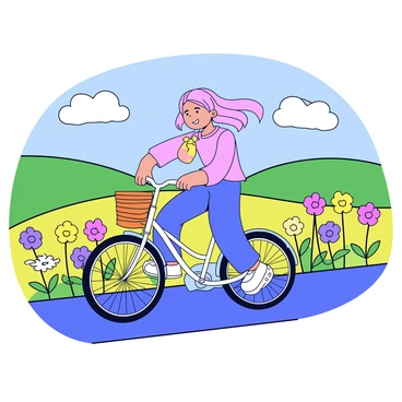 A girl named "Marianne" is riding a vintage bicycle with a wicker basket attached to the front. She has long flowing hair that billows in the wind as she pedals. The countryside road she is on is surrounded by vibrant wildflowers in shades of yellow, purple, and pink, creating a colorful border on either side. The sky above is blue with a few fluffy white clouds. In the background, there are rolling green hills that add depth to the scene.