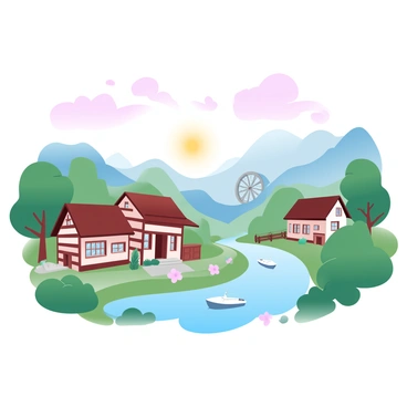 A small village is nestled among gentle hills, bathed in the soft light of sunrise. The buildings have rustic charm with wooden frames and thatched roofs. In the background, a hydropower plant is visible with a large water wheel turning slowly. The rising sun casts a warm glow over the scene, creating a beautiful gradient of pastel colors in the sky. Wisps of clouds are scattered, reflecting the morning light. A serene river flows nearby, with a few boats gently bobbing on the water's surface. Lush greenery surrounds the village, with trees and flowering plants adding to the tranquil atmosphere.