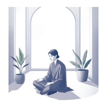 A figure resembling a Jedi in a simple cloak sits cross-legged on a smooth stone floor. The surroundings are minimalist, featuring tall, arching windows that allow light to filter in softly. The area is furnished with several potted plants, including a few with green leaves, arranged harmoniously around the meditation space. The Jedi's hands rest gently on their knees, palms facing upward, and their face reflects deep concentration. The serene environment is accentuated by the absence of distractions, focusing solely on the figure and the tranquility of the setting.