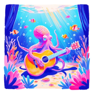 An octopus with vibrant hues of blue and purple is playing a guitar on stage. Its tentacles skillfully strum the strings, while the marine environment is filled with colorful coral and fish swimming around. The stage is illuminated by shimmering beams of light filtering down from the surface of the water. In the background, various sea creatures are gathered, some dancing and others cheering, creating a lively atmosphere. Bubbles rise around the octopus, adding to the playful scene of the underwater concert.