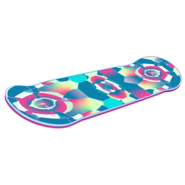 A skateboard deck featuring a kaleidoscope pattern with intricate geometric shapes. The design includes vivid hues of blue, red, yellow, and green, arranged in a mesmerizing, symmetrical layout. The surface of the skateboard has a glossy finish that enhances the brightness of the colors. The edges of the deck are slightly rounded, and the grip tape on top is transparent, allowing the vibrant pattern to shine through. The skateboard is positioned at an angle, showcasing the full beauty of the design.