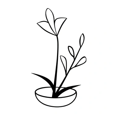 A minimalist Ikebana flower arrangement with a single lily placed elegantly in a shallow, round dish. The dish has a smooth texture and is centered on a simple, flat surface. The lily stands tall with its petals gracefully unfurling, while slender branches extend from the arrangement, creating a sense of balanced asymmetry. Subtle, delicate leaves complement the single flower, enhancing the overall focus on the lily's form.