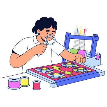 A weaver using a loupe to inspect the fine threads of a colorful textile