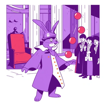 A purple hare dressed in a jester costume with a pointed hat is juggling three vibrant red balls in a grand royal court. The court features majestic stone columns and ornate tapestries hanging on the walls. A few noble courtiers in elegant attire are watching with amused expressions, some clapping their hands. The hare's costume is adorned with bright patterns, and its large ears perk up as it focuses on the juggling act. A vibrant red velvet throne can be seen in the background, adding to the royal atmosphere of the scene.