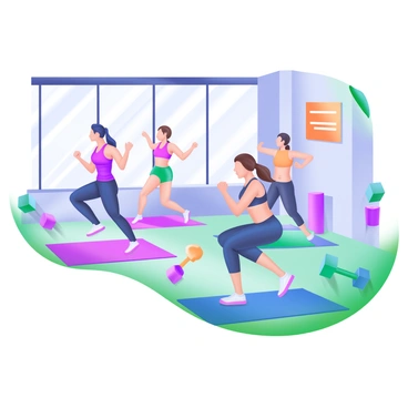 A modern pastel illustration depicting a dynamic fitness class with diverse individuals engaged in various exercises. In the foreground, a group of three people is performing jump squats, showcasing energy and movement. One person has short black hair while another has long brown hair tied back in a ponytail. In the background, there are five more participants doing different exercises, such as lunges and high knees. The setting includes exercise mats, colorful dumbbells scattered around, and motivational posters on the walls. Light pours in through large windows, creating a bright and inviting atmosphere.