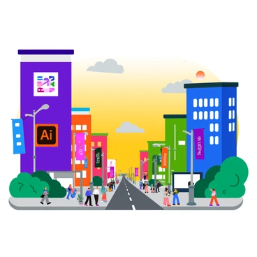 A bustling cityscape with buildings shaped like Adobe software icons