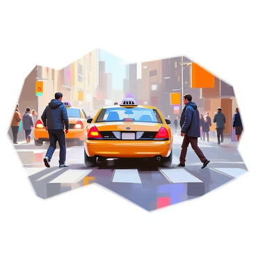 A yellow taxi cab is coming to a quick stop on an urban street, skidding slightly on the asphalt. The driver, visible through the windshield, has a startled expression. A pedestrian with dark clothing is stepping onto the road, slightly ahead of the taxi. The background shows city buildings and a blur of traffic, with a few pedestrians on the sidewalk observing the event. The scene conveys a moment of urgency and surprise in a bustling city environment.