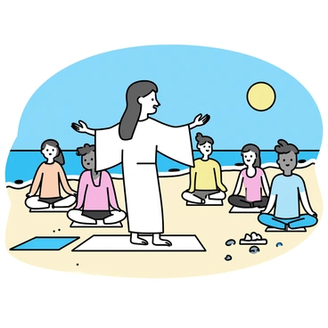 A guru, dressed in a flowing white robe, is demonstrating a yoga pose on a sandy beach. The guru has long hair tied back and is surrounded by participants. Each participant is dressed in comfortable yoga attire, with various skin tones and hair styles. The beach has gentle waves lapping at the shore, and a clear blue sky overhead. The sun is shining brightly, casting soft shadows on the sand. Nearby, there are a few yoga mats spread out, and some seashells scattered across the sand.