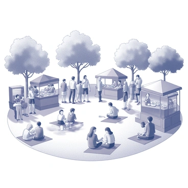 A park filled with vibrant activity and engagement. There are several food stalls set up, with people gathered around them, enjoying various dishes and sharing laughter. A stage is present, where a band is playing, with musicians positioned and instruments displayed prominently. Groups of people are scattered throughout the park, some sitting on blankets, while others stand and dance to the music. Children are playing nearby, running and laughing, while adults engage in animated conversations. Trees provide shade and create a welcoming atmosphere, enhancing the lively community spirit.