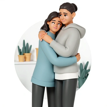 A young woman, wearing a light blue sweater and dark jeans, is gently hugging another young woman, who is wearing a gray hoodie and black leggings. The woman being hugged has her head resting against the shoulder of her friend, her expression reflecting sadness with slightly teary eyes. The friend, while offering comfort, has a soft smile on her face, showing her support. They are standing in a cozy, well-lit room with a few plants in the background, enhancing the intimate atmosphere of the moment.