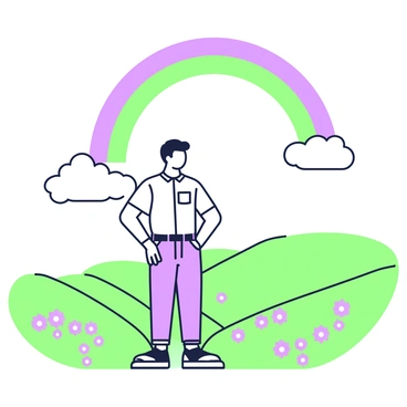 Job standing tall with renewed hope, as a rainbow arches over his land