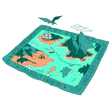 An intricate map of a fantastical world lies spread out across the image. The map features winding rivers, towering mountains, and dense forests, each drawn in detail. Scattered across the map are tiny ships sailing on the blue seas, their sails billowing in the wind. Above the land, small dragons soar through the air, their wings outstretched as they glide over the landscape. The map is bordered with ornate designs, showcasing the names of various regions in elegant lettering. The entire scene is brought to life with a duotone color scheme, featuring shades of teal and orange.