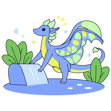 A mythical creature is emerging from a cascading waterfall, surrounded by lush green foliage. The creature has iridescent scales that shimmer in shades of blue and green. Its wings are large and winged with delicate patterns that resemble leaves. Water droplets glisten on its body as it steps onto a rocky ledge. A soft glow radiates from around the creature, hinting at its mystical nature. In the background, the water flows smoothly, creating a serene atmosphere.