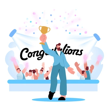 An artist stands on a stage, holding a golden award high in the air. The artist is wearing a formal outfit, with their hair styled elegantly. Behind them, a crowd of people is clapping their hands, with some standing up in excitement. Colorful confetti falls from above, adding to the celebratory atmosphere. Bright spotlights shine down on the artist, creating a vibrant backdrop. A large banner displaying "Congratulations" is visible in the background.