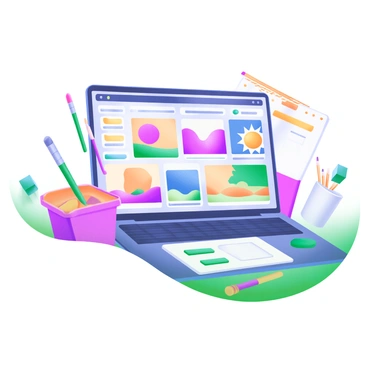 An illustrator showcasing their online portfolio on a laptop with colorful artwork.