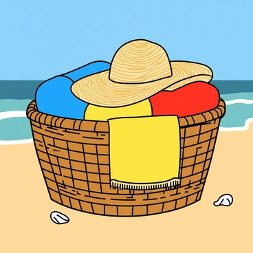 A large wicker laundry basket sits on a sunny sandy beach. The basket is full of vibrant beach towels in various colors, including bright blue, sunny yellow, and vivid red. A wide-brimmed sun hat rests on top of the towels, its straw fibers glistening in the sunlight. The beach stretches out in the background, with a clear blue sky above and gentle waves lapping at the shore. A few seashells are scattered around the base of the basket, adding to the beach atmosphere.