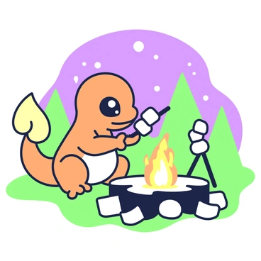 A Charmander is sitting by a campfire, with its tail flame glowing brightly. The Charmander has orange skin and large blue eyes, looking focused on its task. In front of it, there is a stick with several marshmallows skewered on the end, being held towards the tail flame. The campfire flickers with bright flames, and several logs are arranged around it, providing a cozy setting. The background features silhouettes of trees under a starry night sky, enhancing the camping atmosphere.