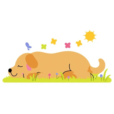 A fluffy brown dog is lying on the grass with its eyes closed, looking peaceful as it sleeps. Above its head, colorful butterflies in shades of blue, yellow, and pink flutter around. The dog’s tail is wagging slightly as it dreams of chasing these butterflies. The field is filled with bright green grass and small wildflowers scattered throughout, adding bursts of color to the scene. The sun is shining down, casting a warm light over the entire peaceful setting.